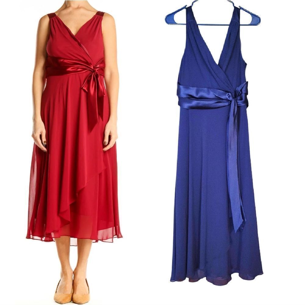 Evan Picone Navy Blue Chiffon Faux Wrap High Low Midi‎ Dress Plussize 14